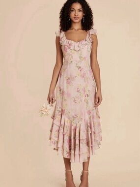 Birdy Grey Vintage Pink Floral Ruffle Midi Dress sz small